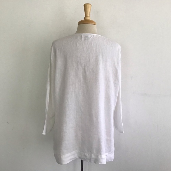 JM Collection White Linen V-Neck 3/4 sleeve Mirror & Sequins Neck Boho Tunic XL - Picture 4 of 7